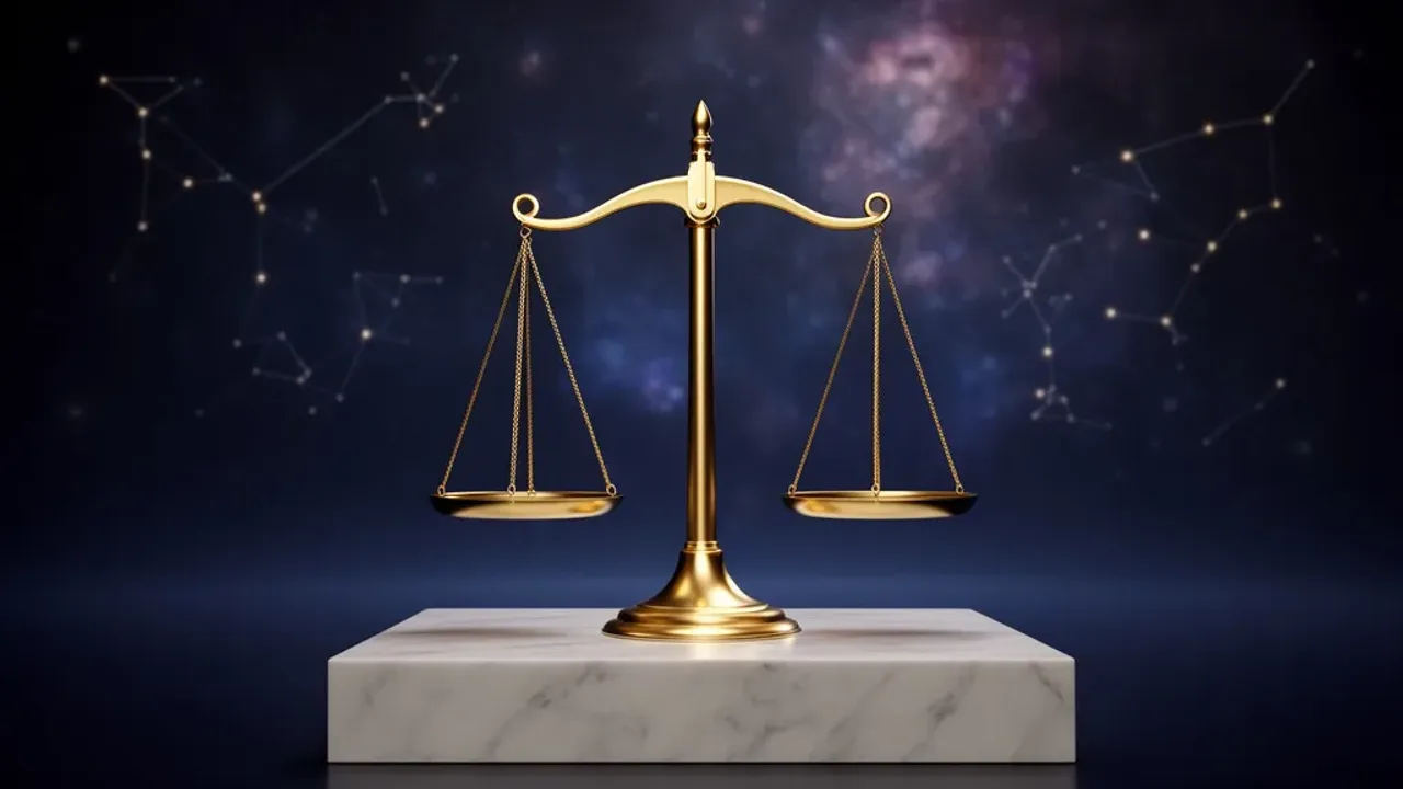 26 września znak zodiaku: Waga, astrologia, charakterystyka i daty urodzin Złota waga sprawiedliwości otoczona jesiennymi liśćmi jako symbol 26 września znak zodiaku.