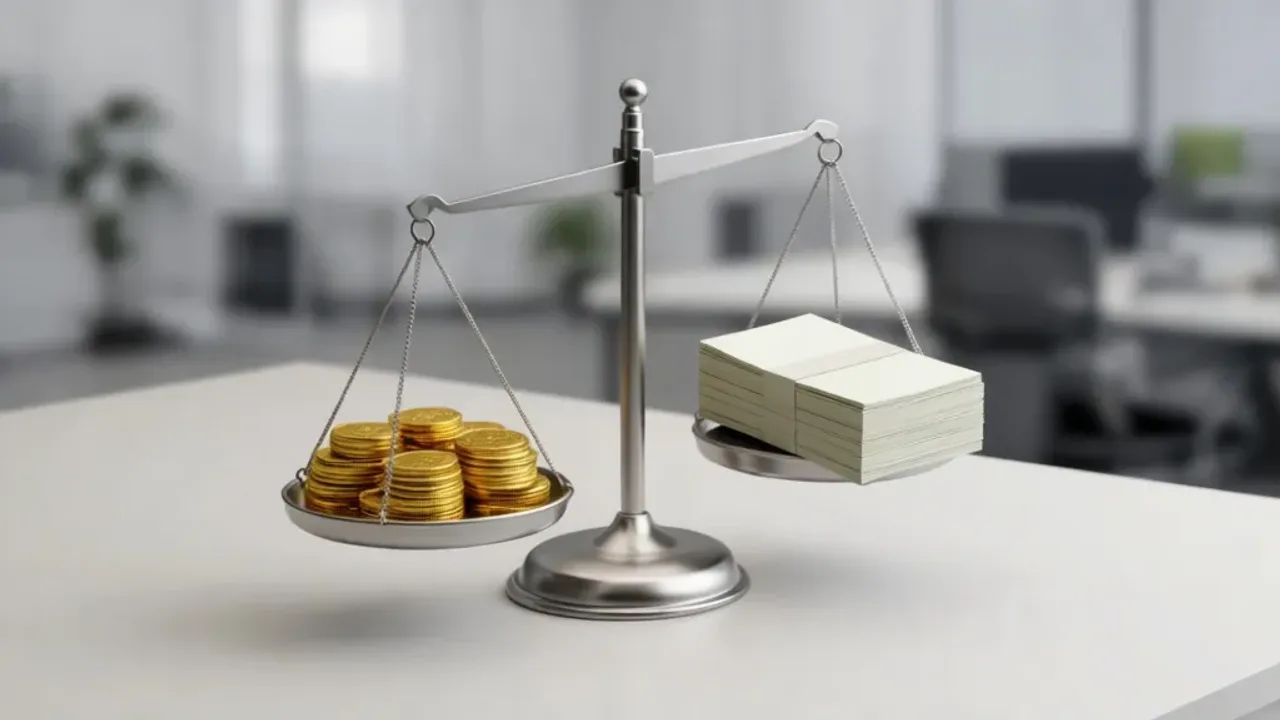 4500 zł netto ile to brutto? Przelicznik dla UoP, zlecenie i B2B 2026 Wizualizacja finansowa przedstawiająca obliczenia 4500 zł netto ile to brutto na wadze z monetami i banknotami.