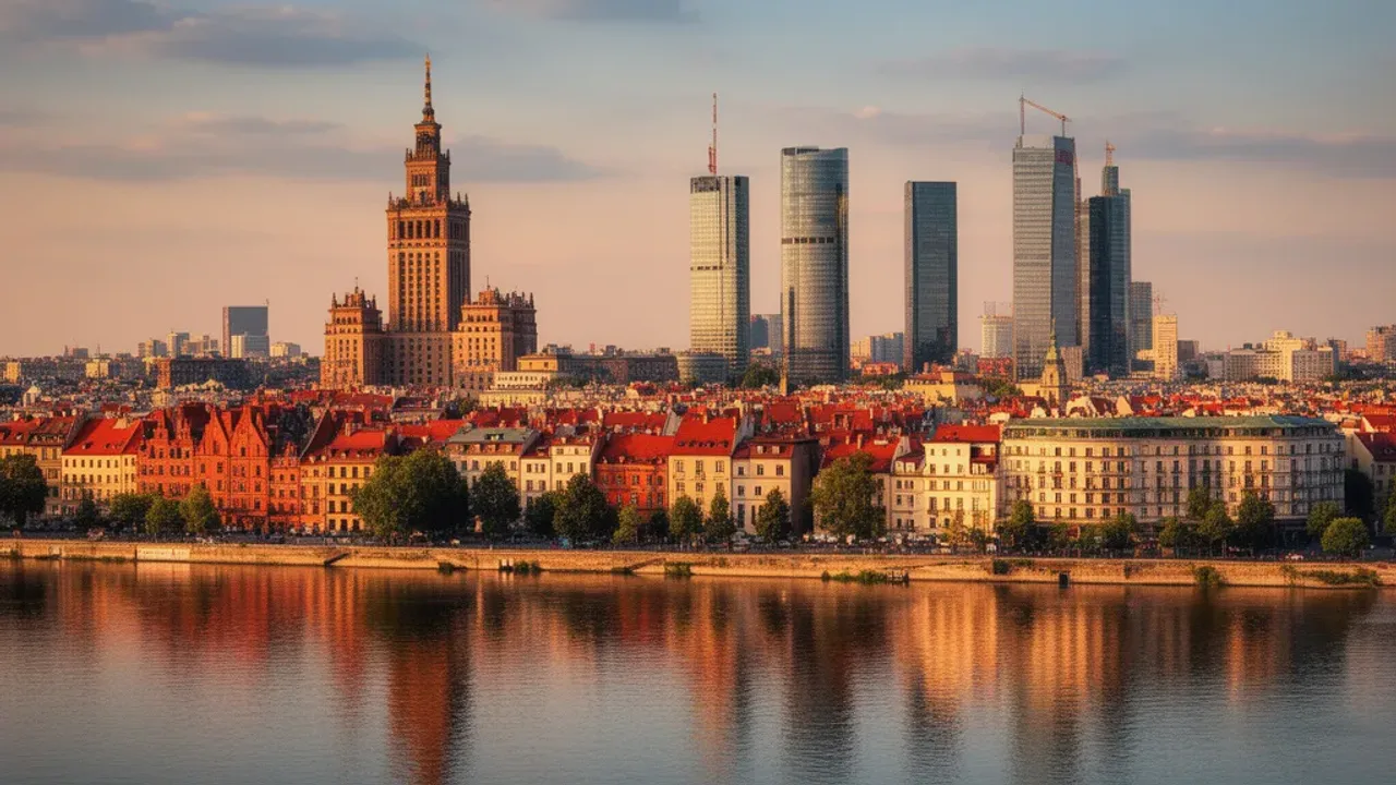 Atrakcje Warszawa: co warto zobaczyć w stolicy Polski? Najciekawsze miejsca Panorama miasta z Zamkiem Królewskim i Pałacem Kultury, prezentująca najważniejsze atrakcje Warszawa w świetle zachodzącego słońca.