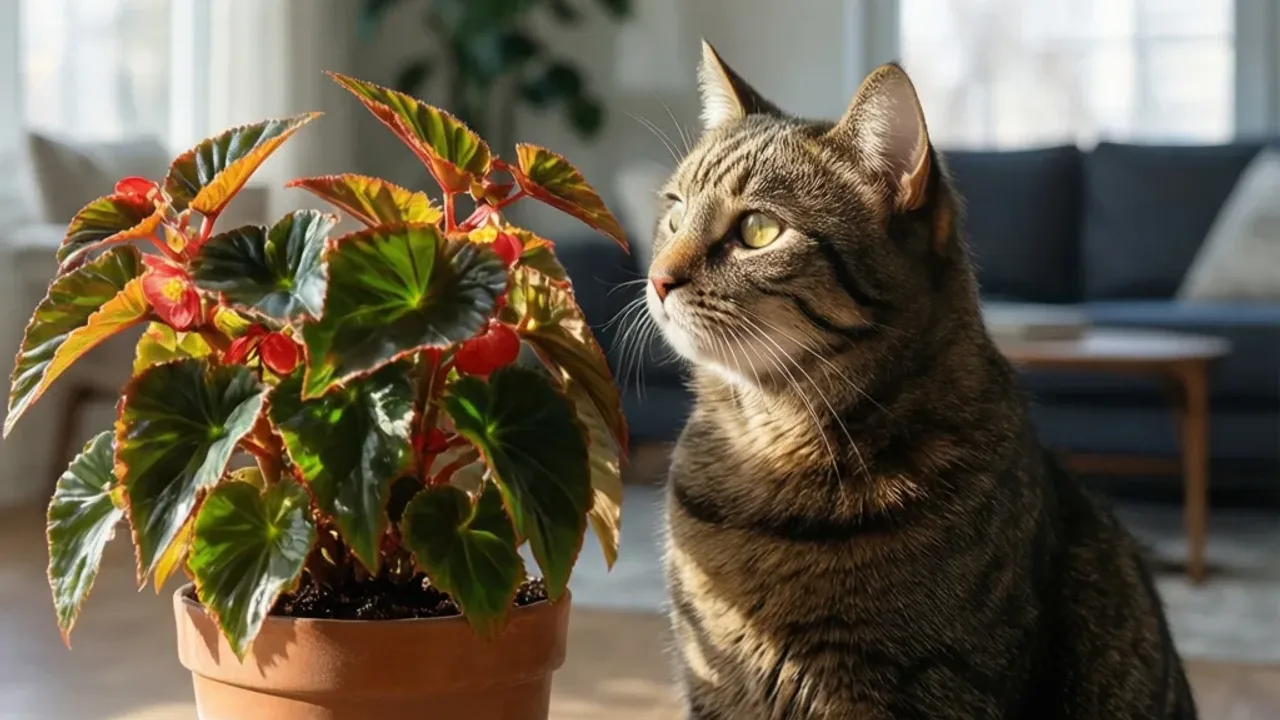 Begonia a kot: czy ta roślina jest trująca i jakie daje objawy zatrucia? Ciekawski kot obserwujący roślinę w doniczce w ramach poradnika o tematyce begonia a kot.