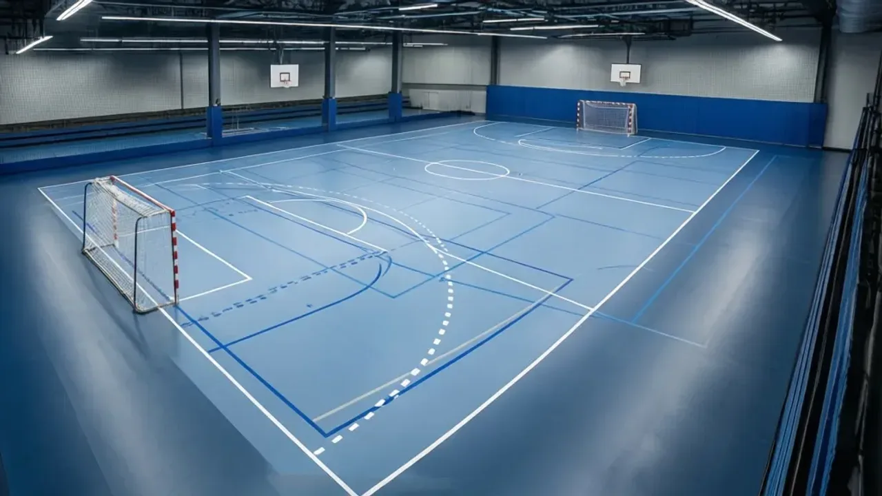 Boisko do piłki ręcznej: wymiary boiska do piłki ręcznej i 12x27m boiska Puste profesjonalne boisko do piłki ręcznej z wyraźnie zaznaczonym polem bramkowym w hali sportowej.