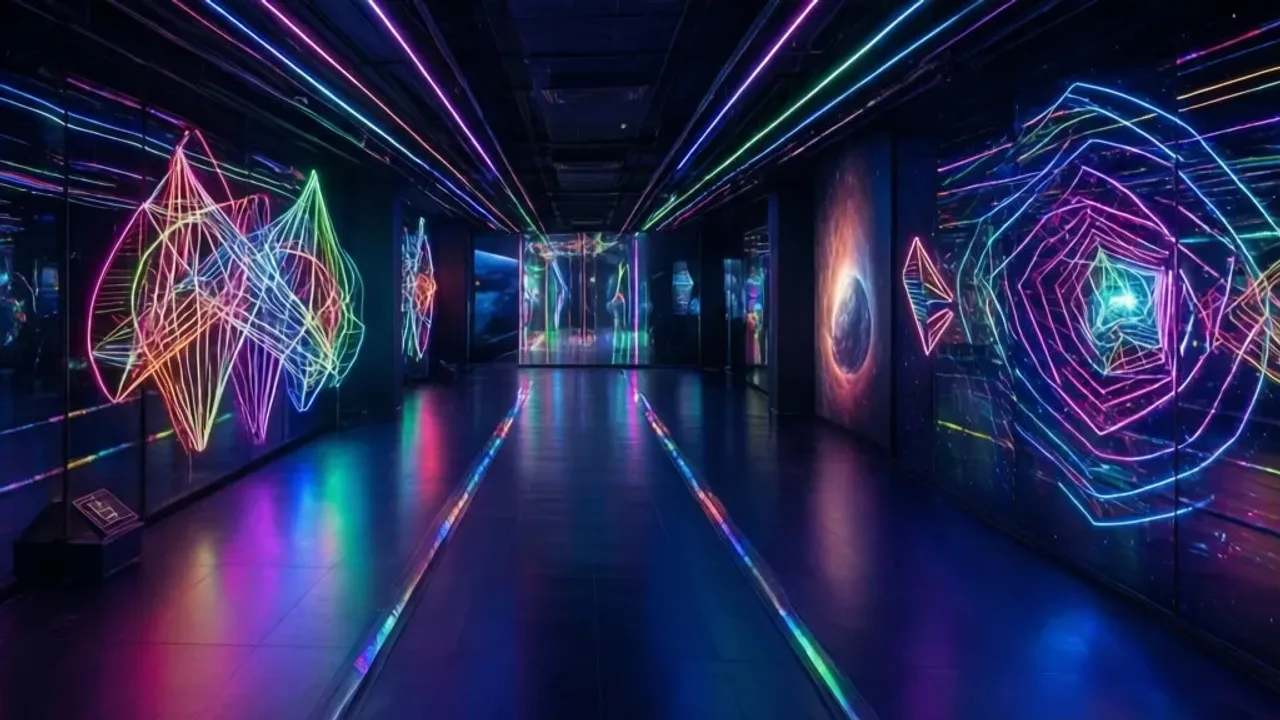 Cosmos Muzeum Warszawa: Interaktywna wystawa, wstęp, bilet i dzień dla dziecka Wnętrze Cosmos Muzeum Warszawa z neonowymi instalacjami świetlnymi i tunelem luster.