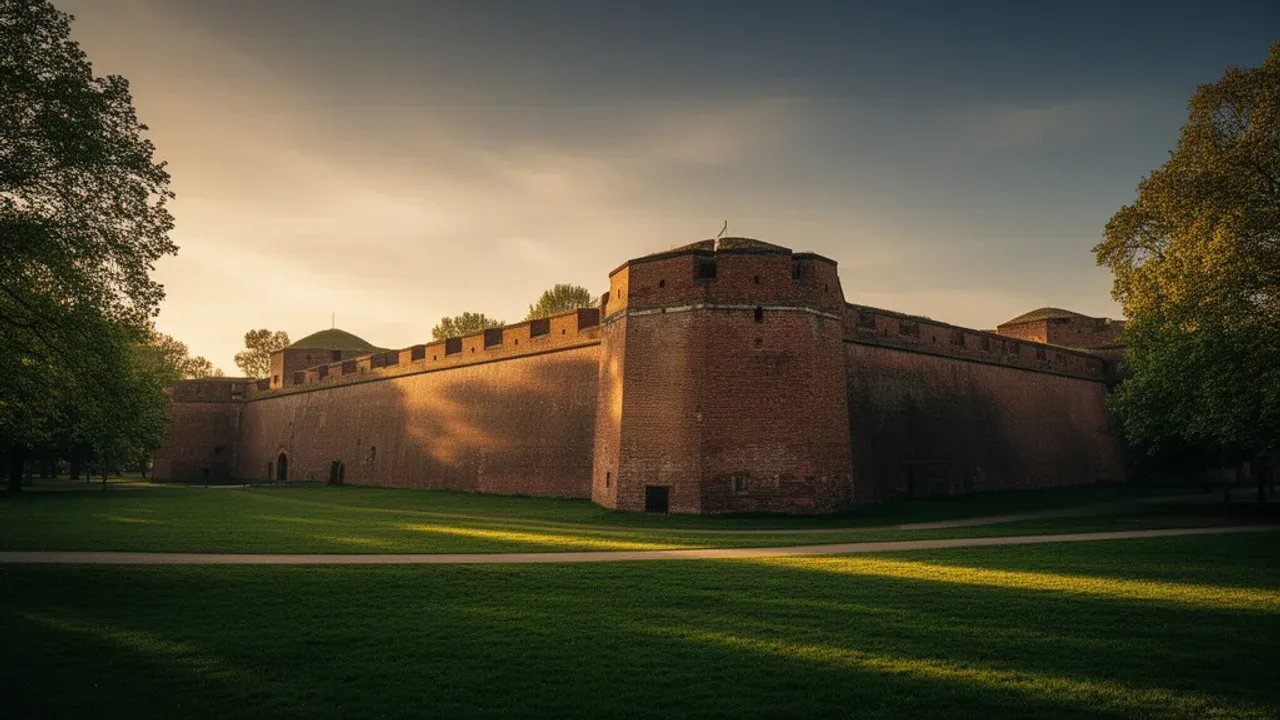 Cytadela Warszawska a park Cytadela: 100 ha historii i Wielkopolska w pigułce Historyczne mury obronne, którymi wyróżnia się Cytadela Warszawska w promieniach porannego słońca.
