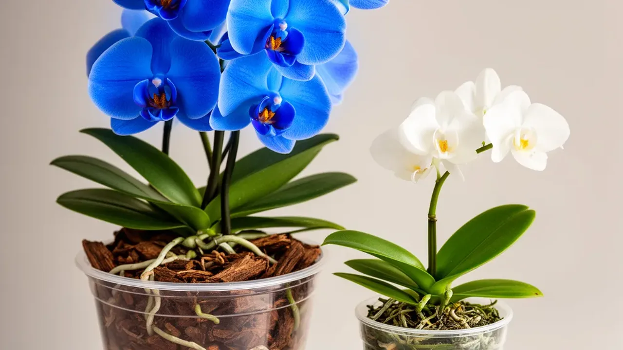 Czy niebieski storczyk zakwitnie ponownie na niebiesko? Pielęgnacja Phalaenopsis Czy niebieski storczyk zakwitnie ponownie na niebiesko – niebieski i biały Phalaenopsis w doniczce.