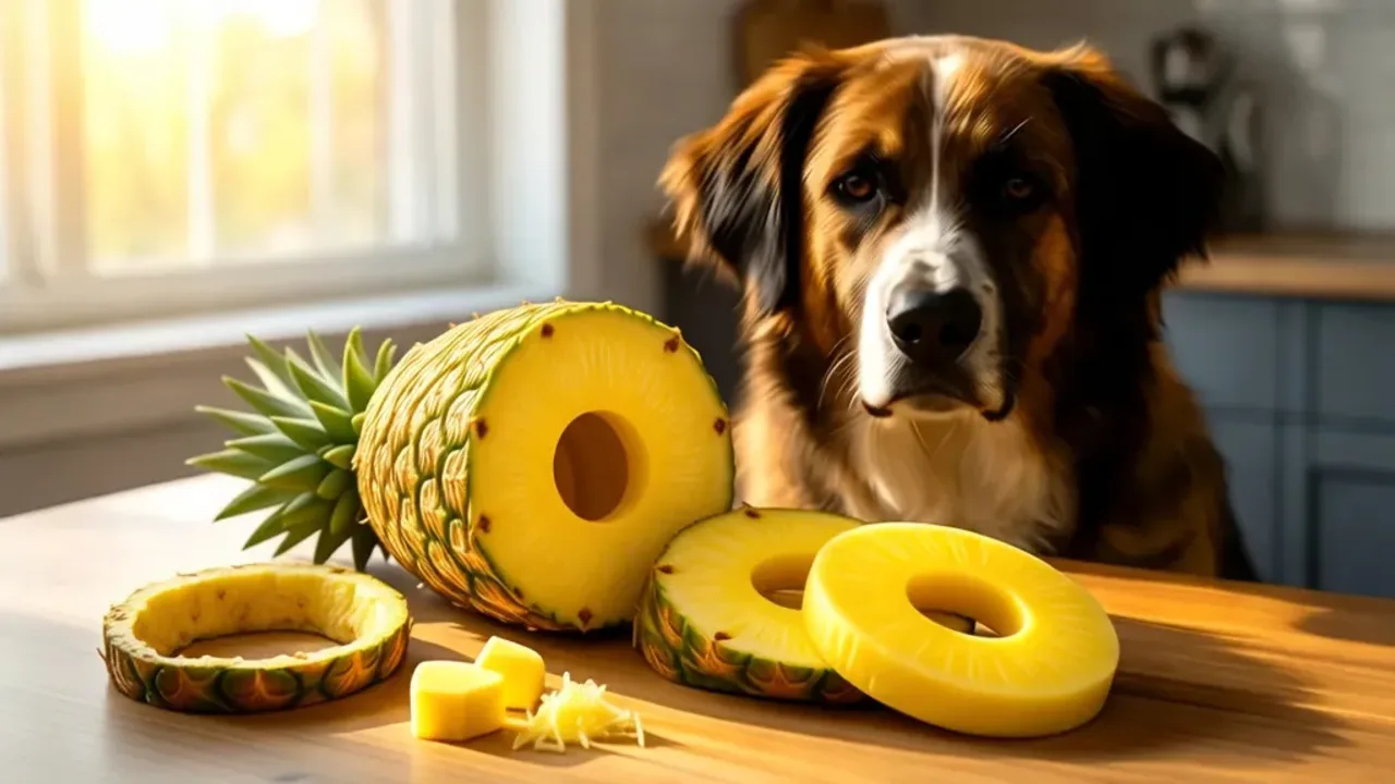 Czy pies może jeść ananasa? Bezpieczne podawanie ananasa w psiej diecie Świeży ananas obok psa jako odpowiedź na pytanie czy pies może jeść ananasa.
