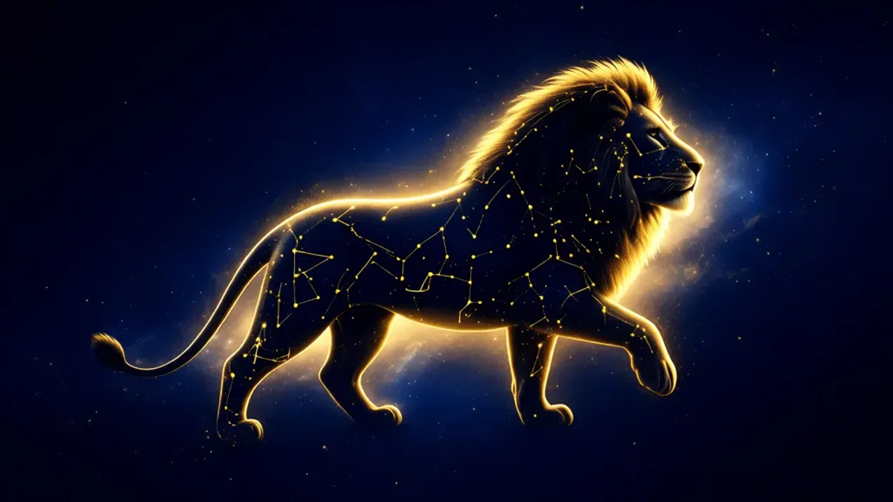 Horoskop dzienny lew sennik: znak zodiaku lew – horoskop tygodniowy Symboliczna grafika przedstawiająca kosmicznego lwa w otoczeniu gwiazd, ilustrująca horoskop dzienny lew sennik i mistyczną interpretację snów.