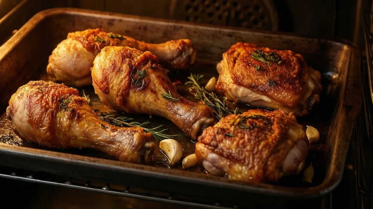 Ile piec udka kurczaka? Przepis na soczyste pieczone udka z skórką Soczyste pieczone udka z kurczaka na blasze, które pokazują ile piec udka kurczaka w piekarniku.