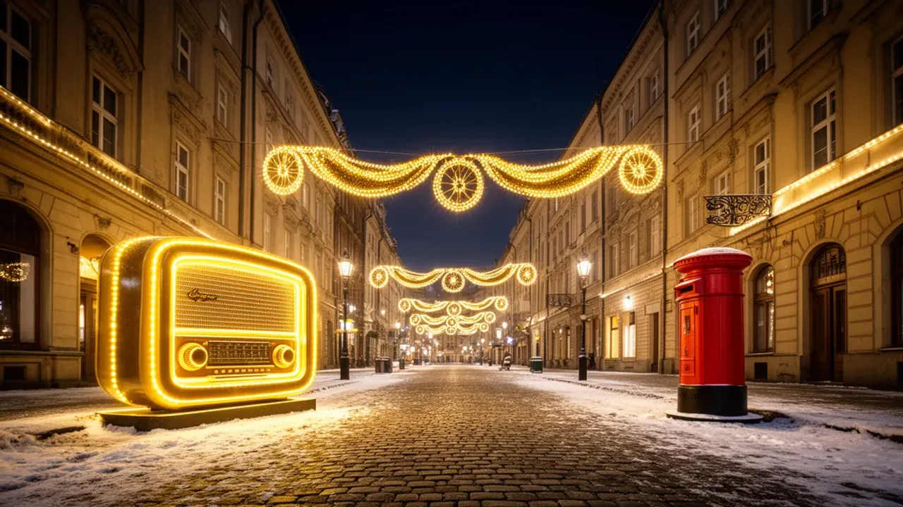 Iluminacje świąteczne Warszawa 2025/2026: Świąteczna iluminacja Christmas Retro iluminacje świąteczne Warszawa na Trakcie Królewskim z choinką na Placu Zamkowym nocą.