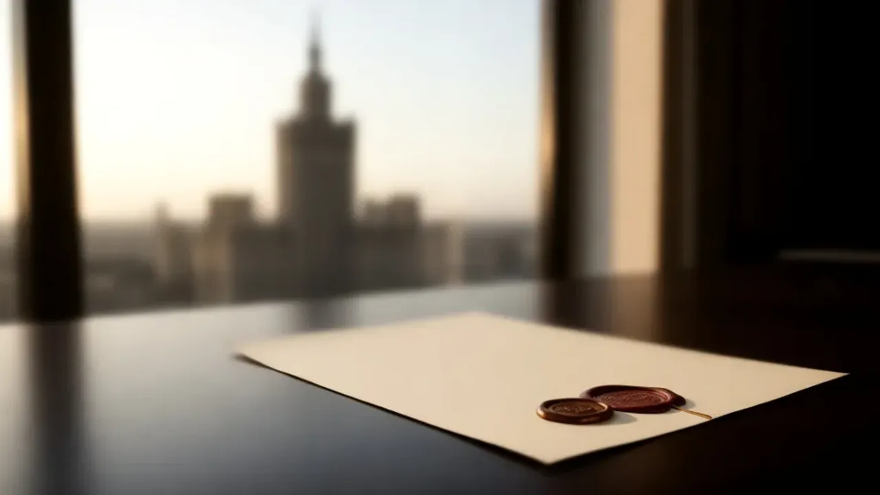 Jak napisać list do prezydenta o pomoc: Prośba do Rzeczypospolitej Polskiej Elegancka koperta na biurku z widokiem na Warszawę jako ilustracja artykułu jak napisać list do prezydenta o pomoc.
