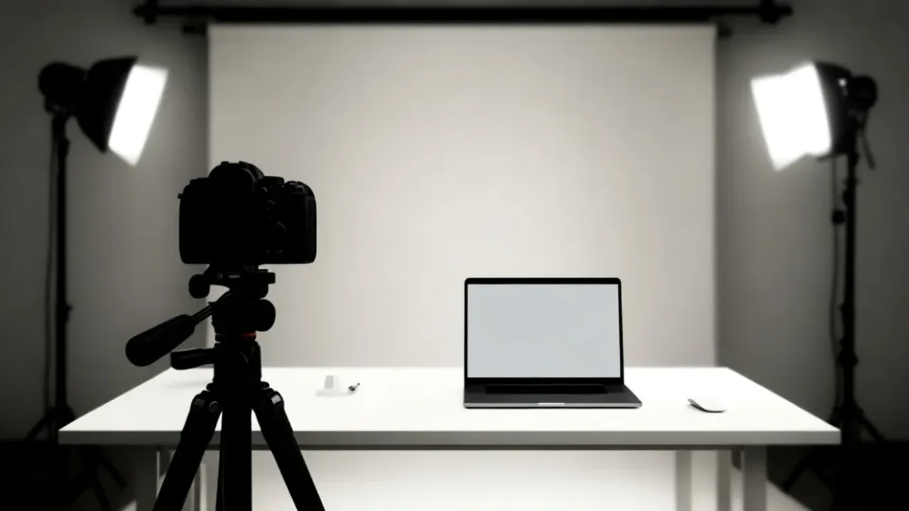 Jak napisać opinię dla fotografa, aby zachwycić i pomóc innym? Profesjonalny zestaw sprzętu fotograficznego i laptop z interfejsem ocen, ilustrujący jak napisać opinię dla fotografa.