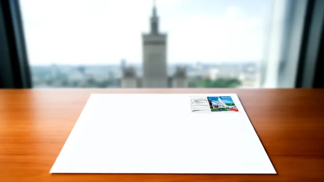 Jak zaadresować kopertę: Praktyczny poradnik jak poprawnie zaadresować list Prawidłowo wypełniona koperta na biurku z widokiem na Warszawę jako przykład jak zaadresować kopertę zgodnie z wytycznymi Poczty Polskiej.
