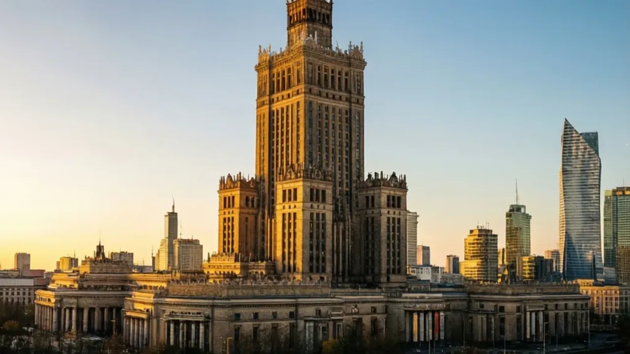 Kto zbudował Pałac Kultury i Nauki? Radziecki dar dla narodu polskiego Widok monumentalnej architektury PKiN na tle nieba, która odpowiada na pytanie kto zbudował Pałac Kultury i Nauki.