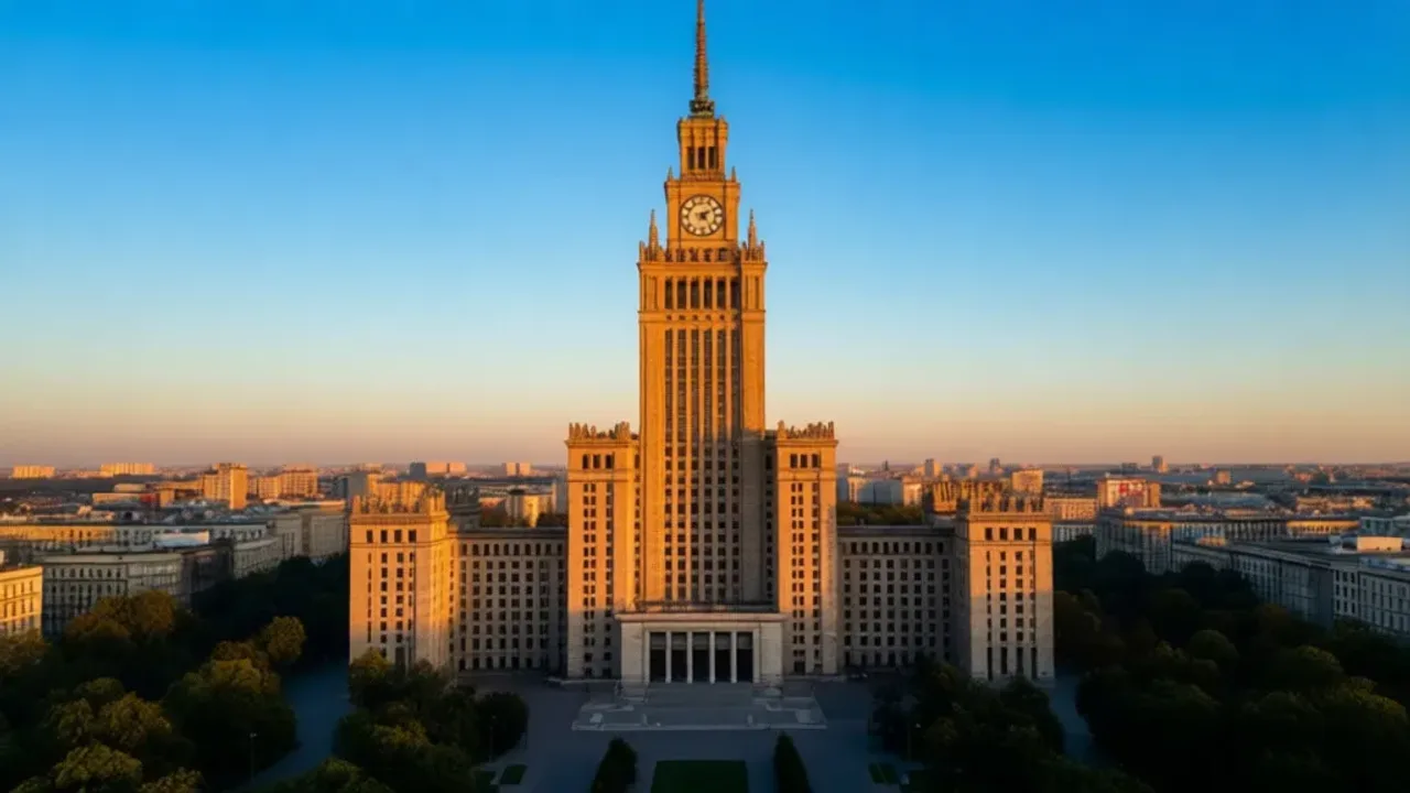 Kulturpalast warschau: Pałac Kultury i Nauki w Warsaw – Tickets i fakty Widok na Pałac Kultury i Nauki, czyli kulturpalast warschau, w świetle zachodzącego słońca.