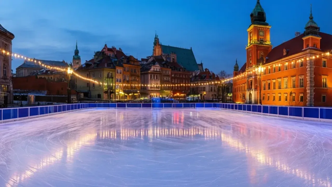 Lodowiska Warszawa 2026: bezpłatny wstęp, łyżwy i wypożyczenie sprzętu Pusta tafla lodu na lodowiska Warszawa z widokiem na oświetloną architekturę Starego Miasta w zimowy wieczór.