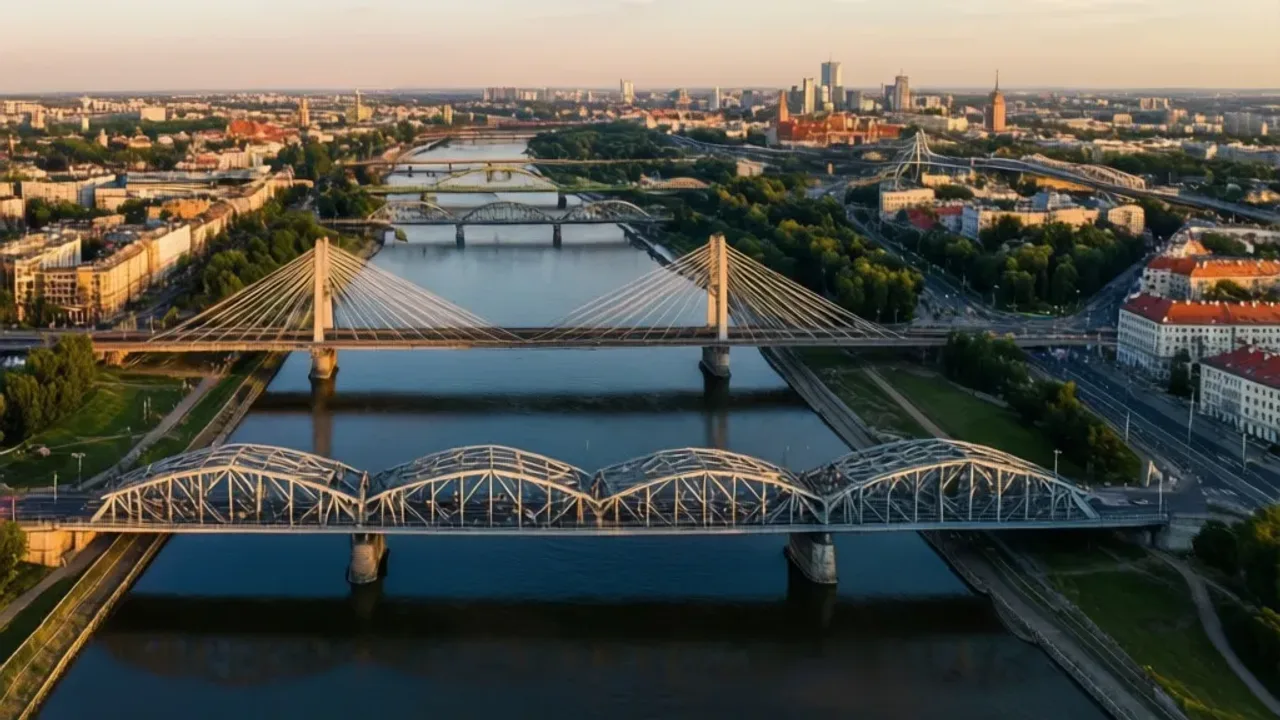 Mosty w warszawie mapa: pełny przewodnik po mostach Warszawy 2026 Mosty w warszawie mapa przedstawiające widok z lotu ptaka na mosty drogowe i kolejowe nad Wisłą w Warszawie.