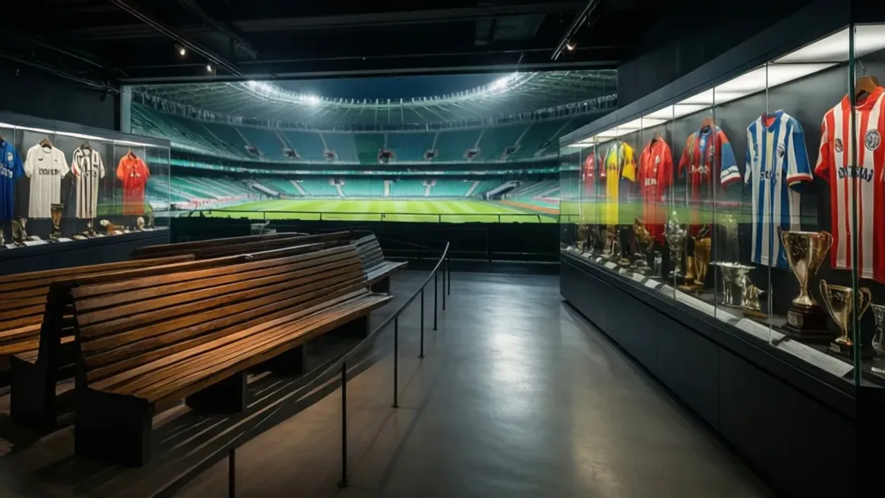 Muzeum Legii Warszawa: Historia stadionu i klubu im. Wiktora Bołby Wnętrze ekspozycji w Muzeum Legii Warszawa z historycznymi koszulkami i trofeami piłkarskimi.