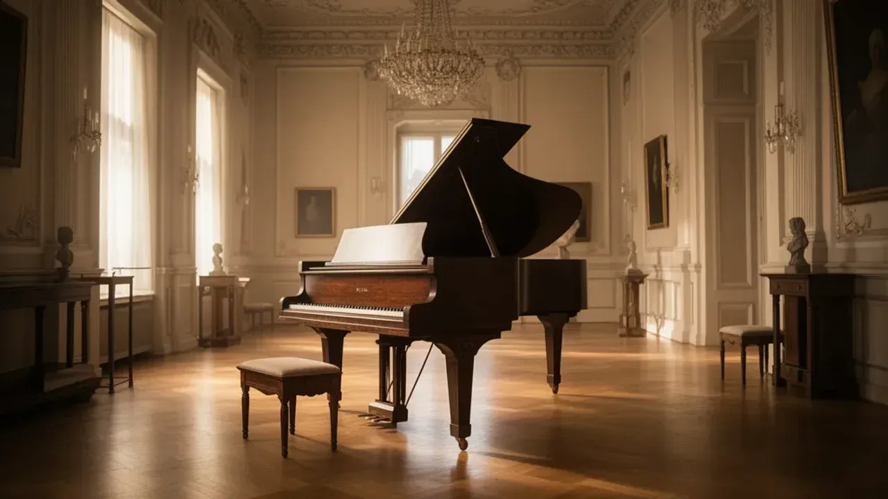 Muzeum muzyki Warszawa: historia i koncert chopinowski w Muzeum Fryderyka Chopina Wnętrze sali koncertowej w Muzeum Fryderyka Chopina w Warszawie, czyli główne muzeum muzyki Warszawa, z zabytkowym fortepianem na scenie.