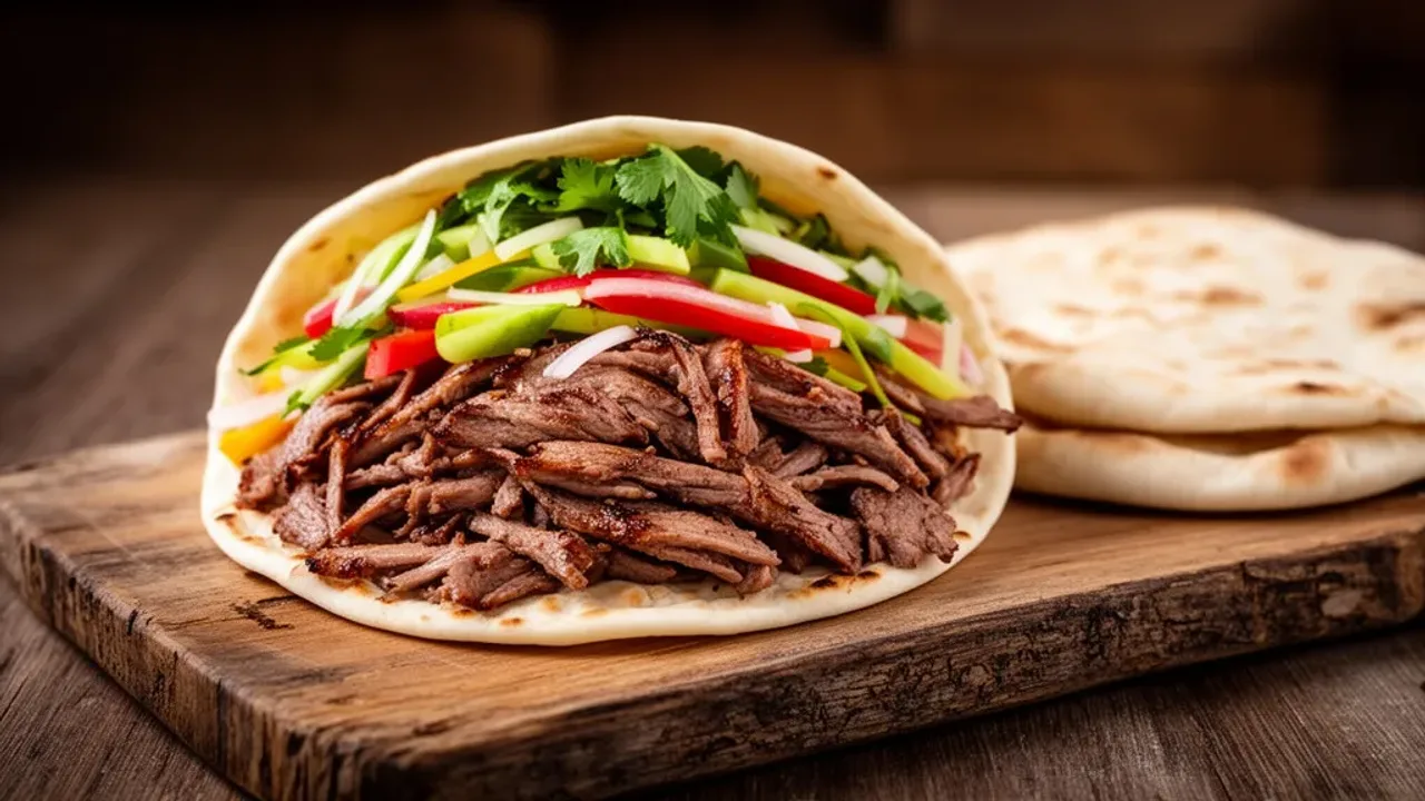 Najlepszy kebab w Polsce: Top zestawienie i lokal kebabowy w Warszawie Najlepszy kebab w świeżym lawasz z soczystym mięsem i warzywami na drewnianym stole.