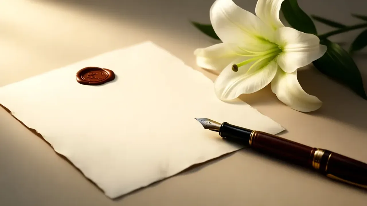 Piękne życzenia dla kapłana: propozycje na dzień kapłaństwa i święta Elegancka kartka z lakowaną kopertą i kwiatami jako piękne życzenia dla kapłana.