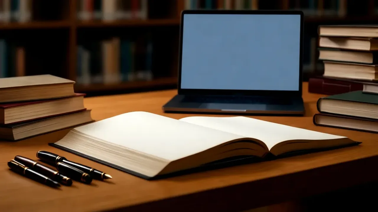 Pisanie prac dyplomowych: profesjonalny licencjacki, inżynierski i magisterski Profesjonalne stanowisko pracy przygotowane do pisania prac dyplomowych z laptopem, notatnikiem i literaturą akademicką.