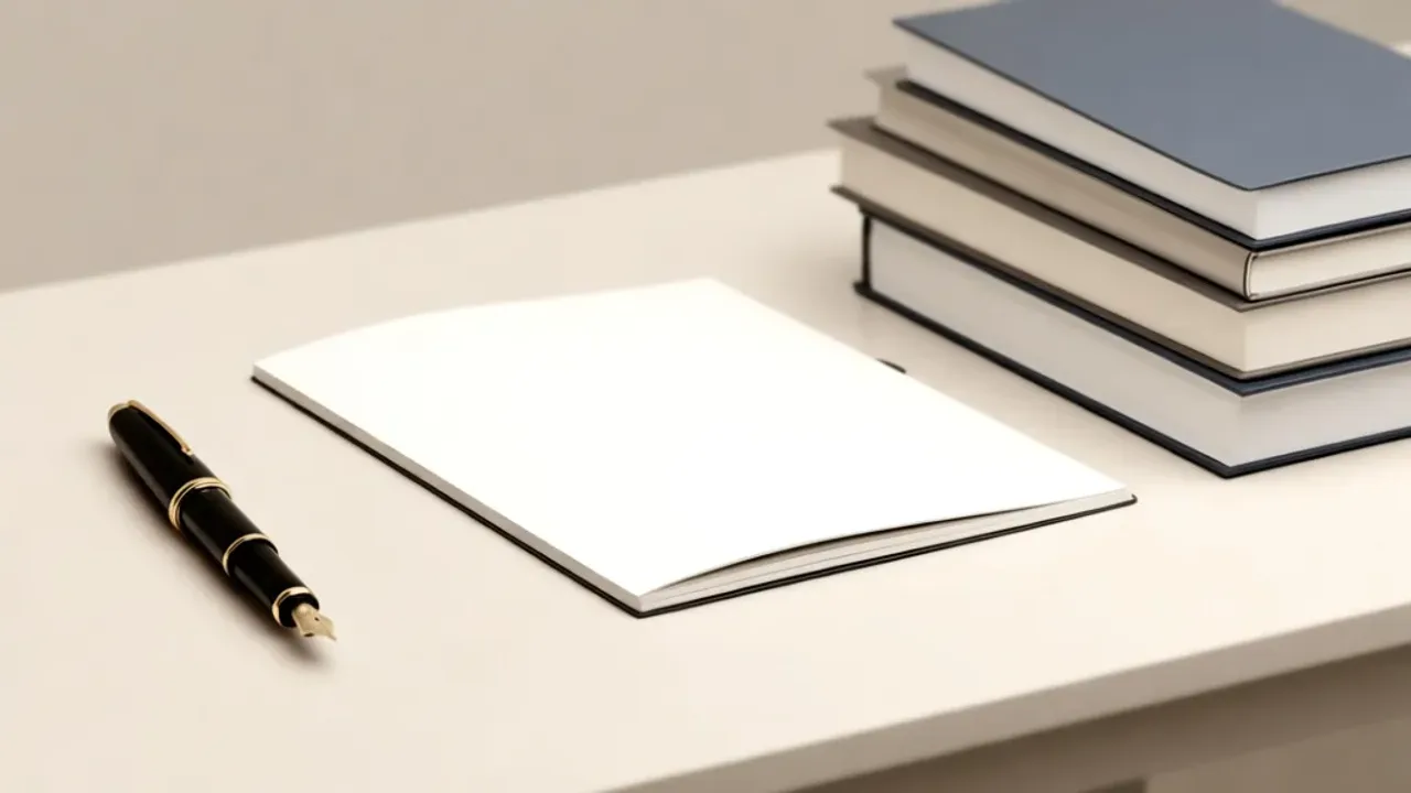 Rozprawka po angielsku: jak napisać for and against essay na maturę? Otwarty zeszyt z notatkami do zadania, którym jest rozprawka po angielsku, leżący na drewnianym biurku z piórem.