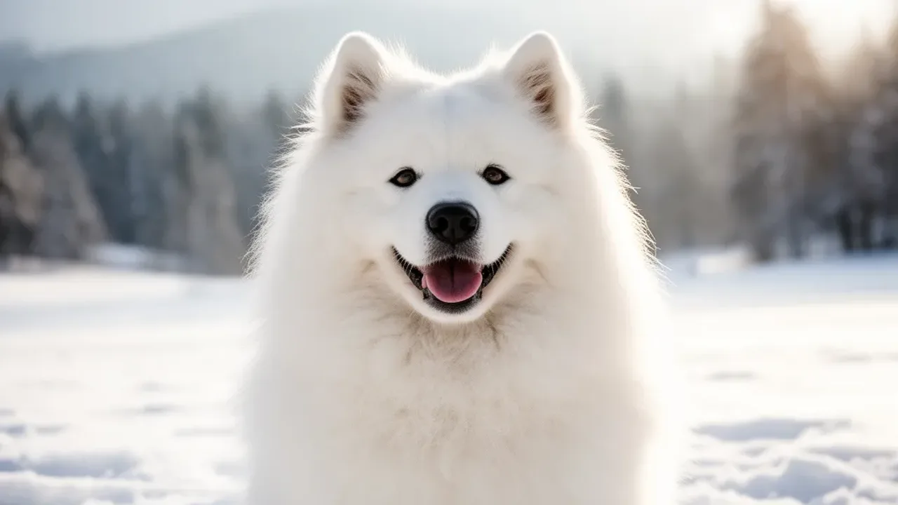 Samoyed ile żyje? Opis rasy samojed – jak żywić tego towarzysza? Zdrowy i uśmiechnięty pies rasy samoyed, którego długość życia zależy od opieki, jako ilustracja artykułu samoyed ile żyje.