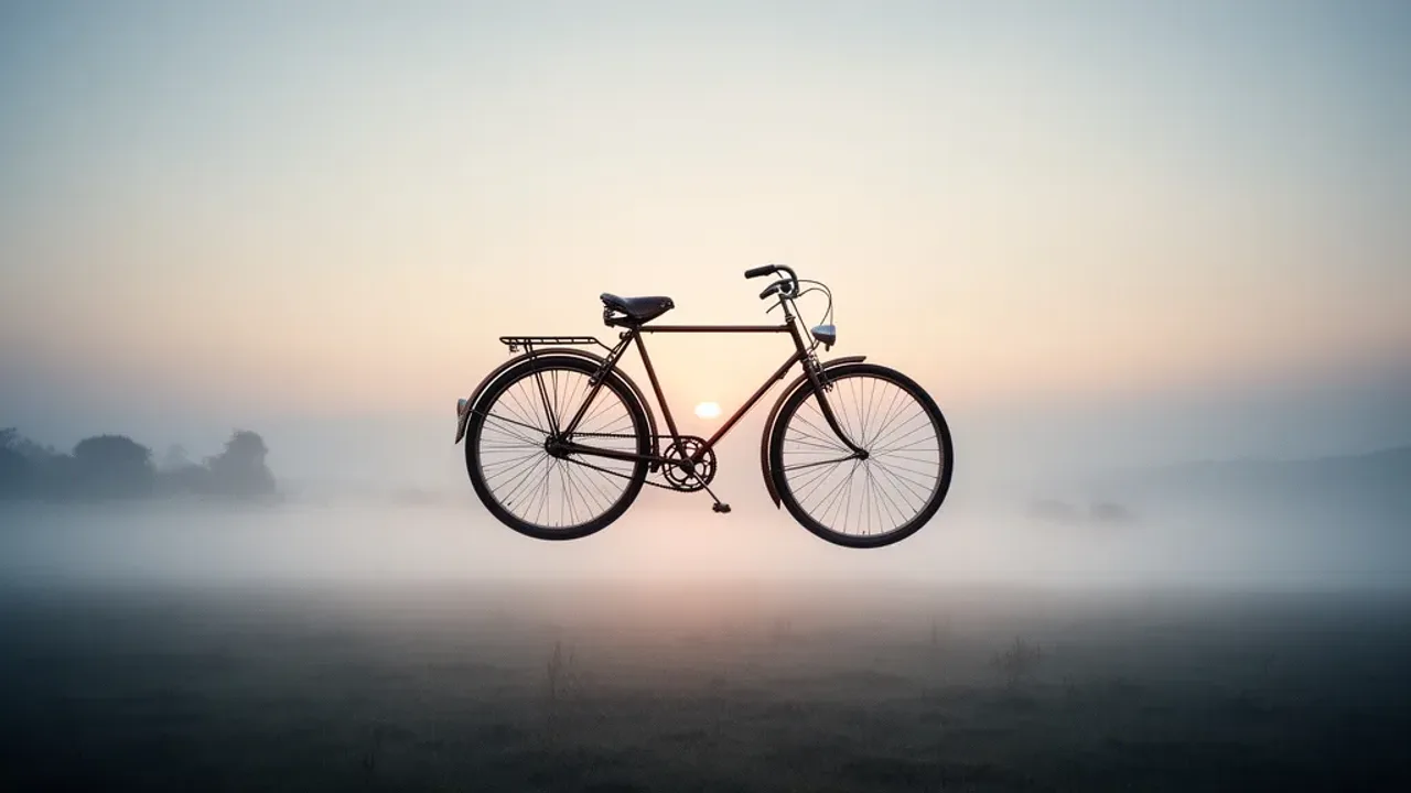 Sennik jazda na rowerze: interpretacja jazdy rowerem i snów Surrealistyczna grafika koncepcyjna nawiązująca do wpisu sennik jazda na rowerze przedstawiająca rower na linie.