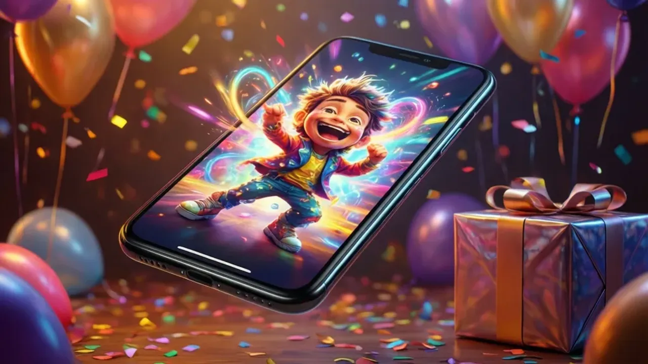 Śmieszne gify urodzinowe dla mężczyzn: inspiracja, humor i kartka 2026 Animacja z telefonem wyświetlającym śmieszne gify urodzinowe dla mężczyzn w otoczeniu konfetti i serpentyn.