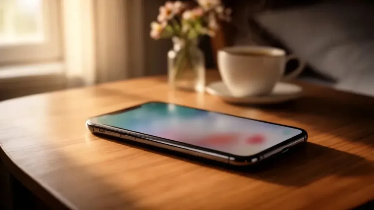 Sms na dzień dobry: romantyczne powitanie dla ukochanej osoby na dzień z uśmiechem Nowoczesny smartfon z wyświetlonym powiadomieniem sms na dzień dobry obok kubka kawy na drewnianym stoliku w świetle poranka.