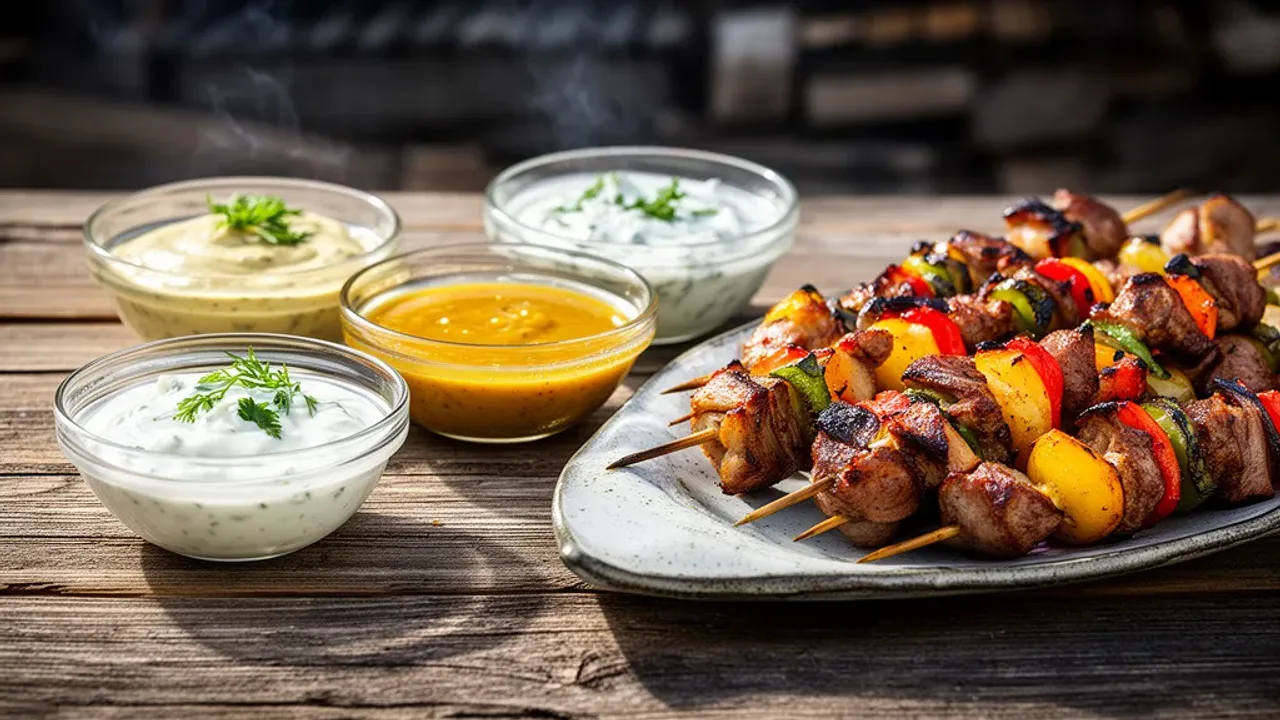 Sos do szaszłyków na grill: klasyczny sos pomidorowy do Twojego grilla Trzy miseczki z różnymi rodzajami sos do szaszłyków obok grillowanego szaszłyka mięsno-warzywnego na drewnianym stole.