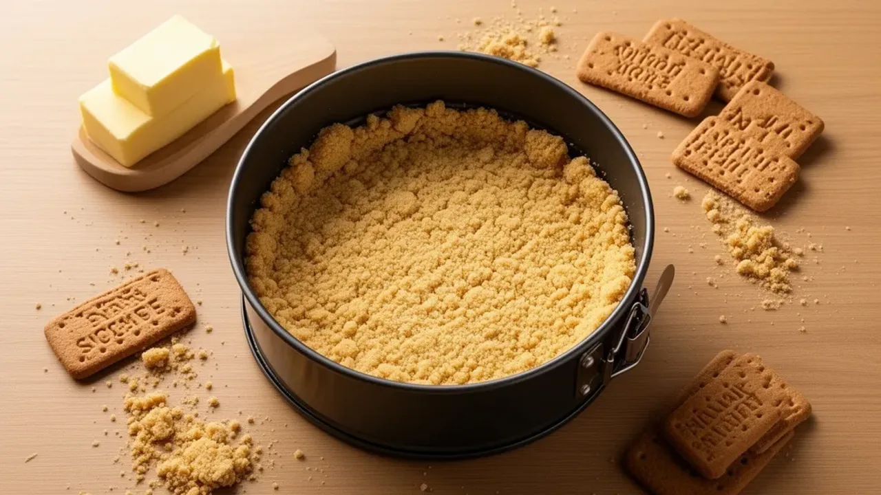 Spód z herbatników do sernika pieczonego: praktyczny poradnik krok po kroku Przygotowany w formie do pieczenia chrupiący spód z herbatników do sernika pieczonego z widocznymi okruchami ciastek.