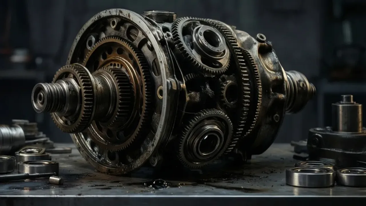 Uszkodzony dyfer objawy: awaria mechanizmu różnicowego, naprawa i BMW Zdemontowany mechanizm różnicowy z widocznym zużyciem kół zębatych jako uszkodzony dyfer objawy w warsztacie samochodowym.