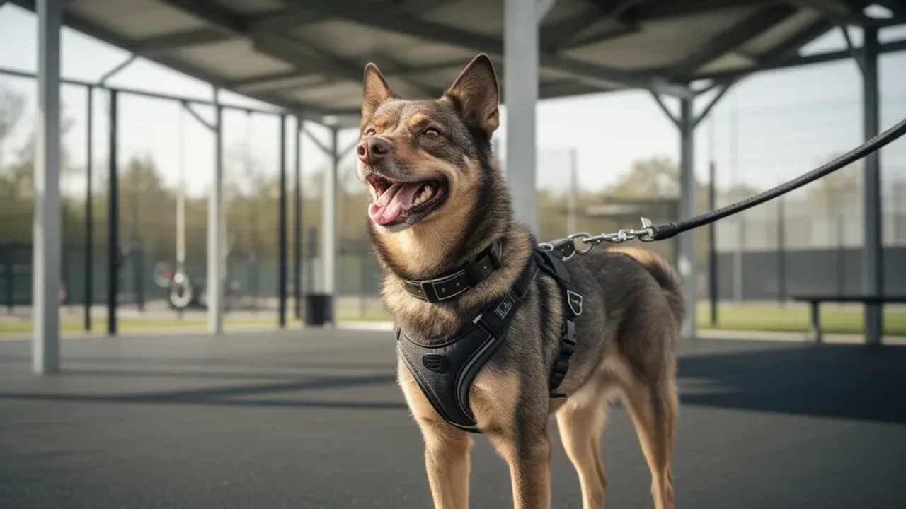 Wyprowadzanie psów ze schroniska: wolontariat, adopcja i zasady pracy Pies w szelkach gotowy na wyprowadzanie psów ze schroniska.