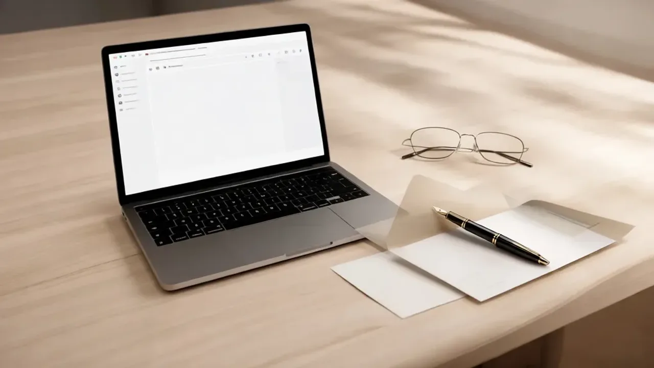 Zakończenie maila po niemiecku: przydatne zwroty do korespondencji Laptop z otwartą wiadomością na biurku ilustrujący poprawne zakończenie maila po niemiecku.